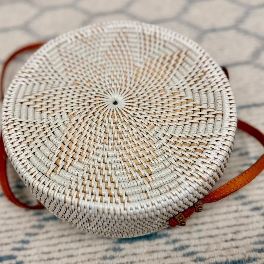 HANDMADE White Woven Boho Rattan Round Crossbody Leather Strap Tropical Lining